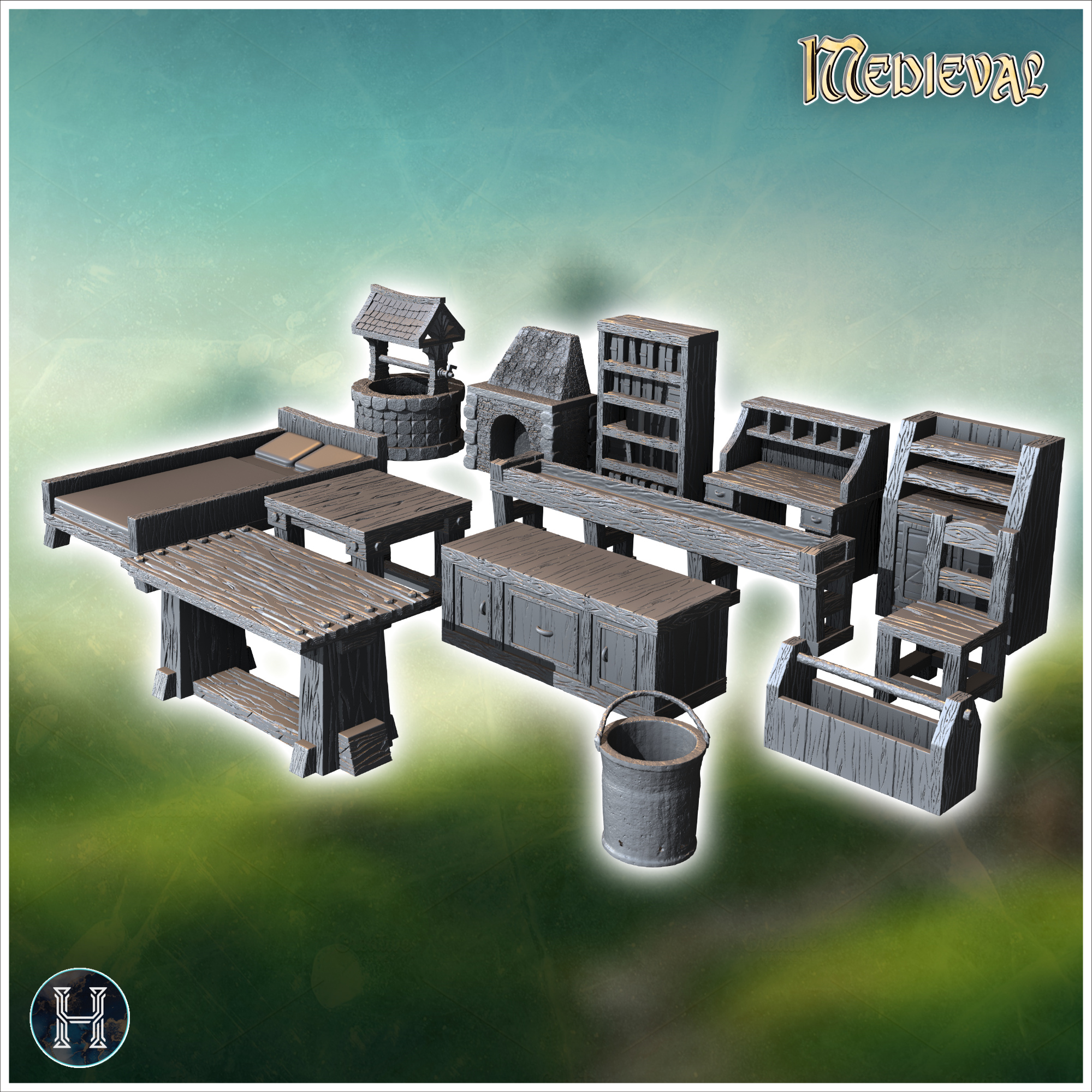 Various wooden furniture including tables, benches, a well, and storage boxes for a rustic environment (4) - Medieval Gothic Feudal Old Archaic Saga 28mm 15mm RPG